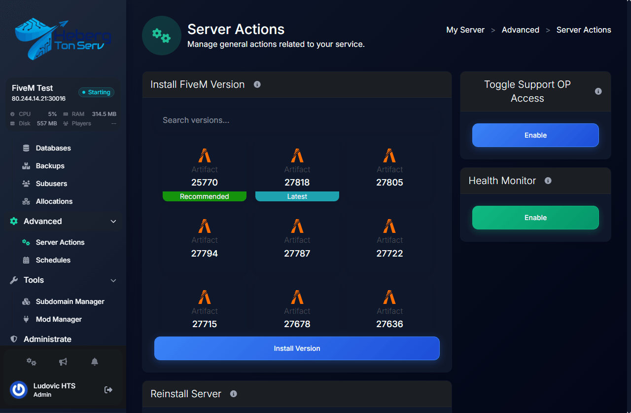 Artifact card selected, Install Version button active