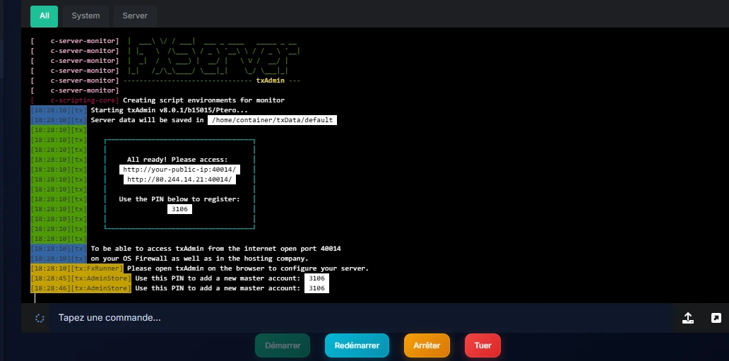 Code PIN txAdmin dans la console