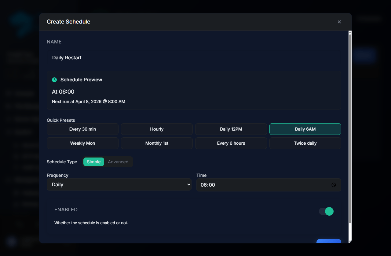 Filled modal with Daily 6AM preset
