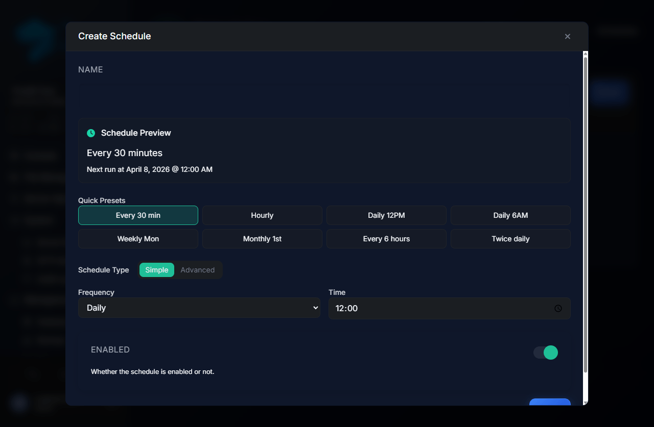 Empty Create Schedule modal
